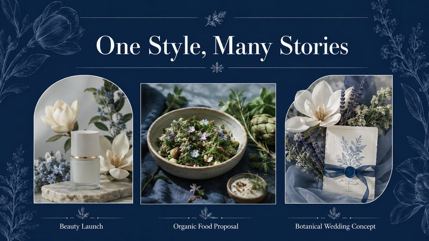 Blue floral Google Slides theme displaying beauty, food, and wedding presentation use cases.