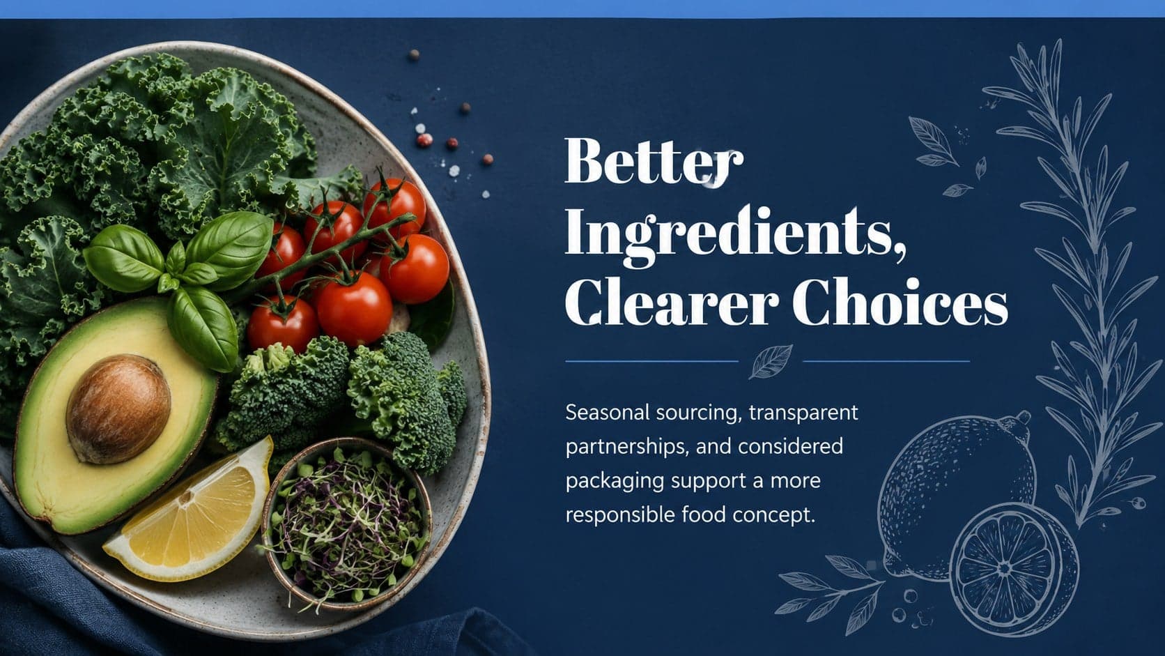 Organic food proposal slide featuring sustainable ingredients and refined blue botanical decoration.