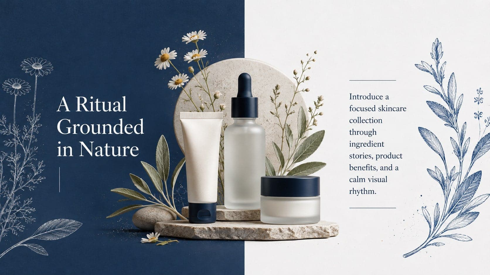 Organic skincare pitch deck template slide presenting a natural product launch concept.