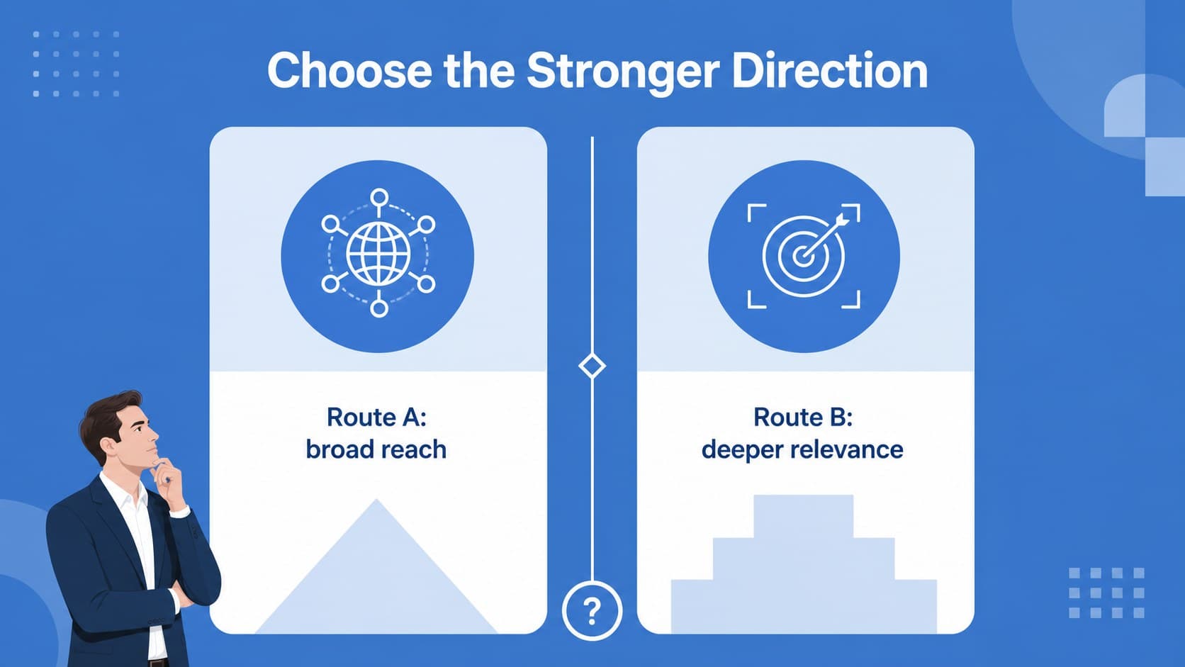 Comparison slide weighing two business directions with clean blue illustrated visual cues.
