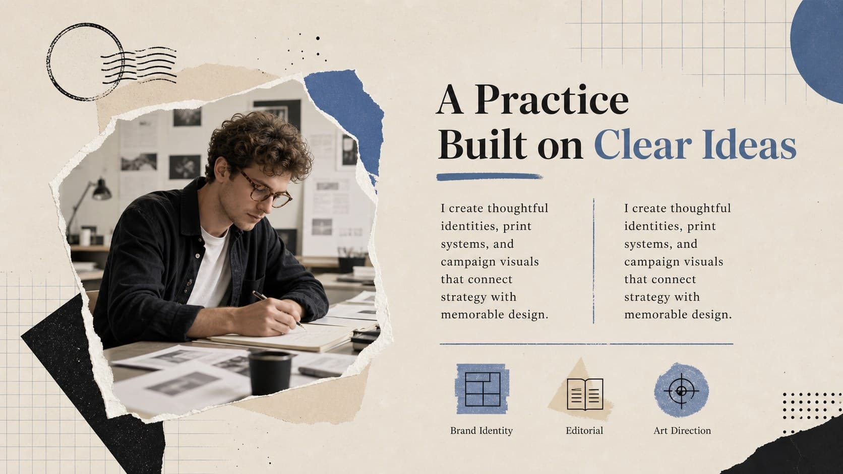 Designer profile layout from a blue and beige graphic designer portfolio presentation.