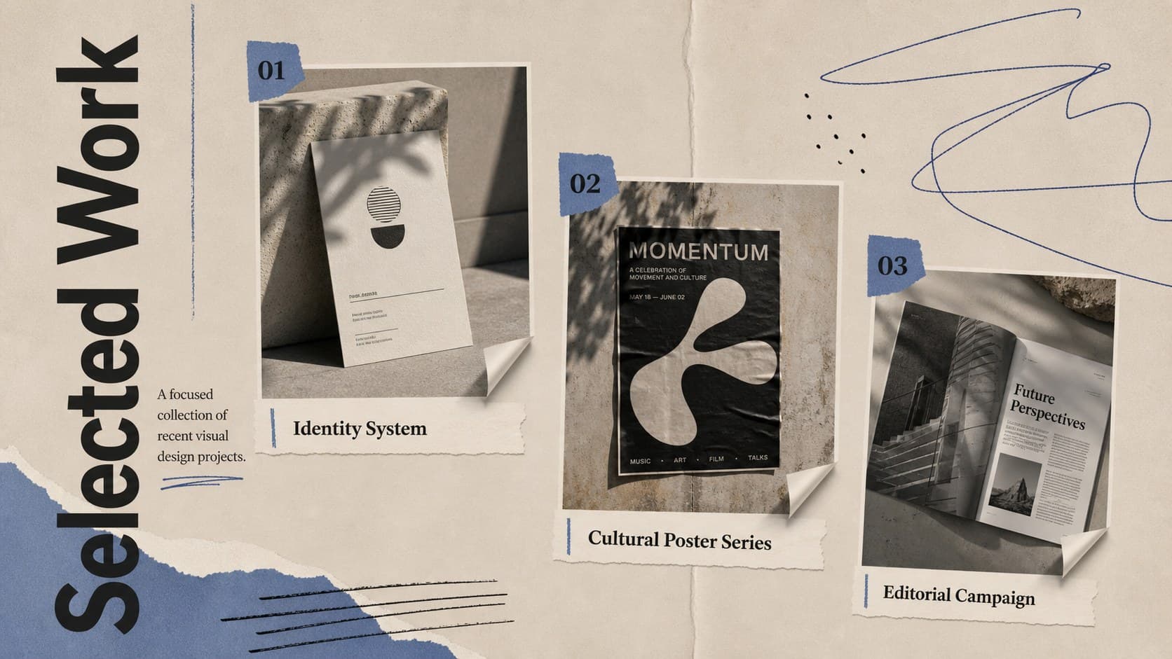 Selected work gallery in an editorial collage presentation deck for creative professionals.