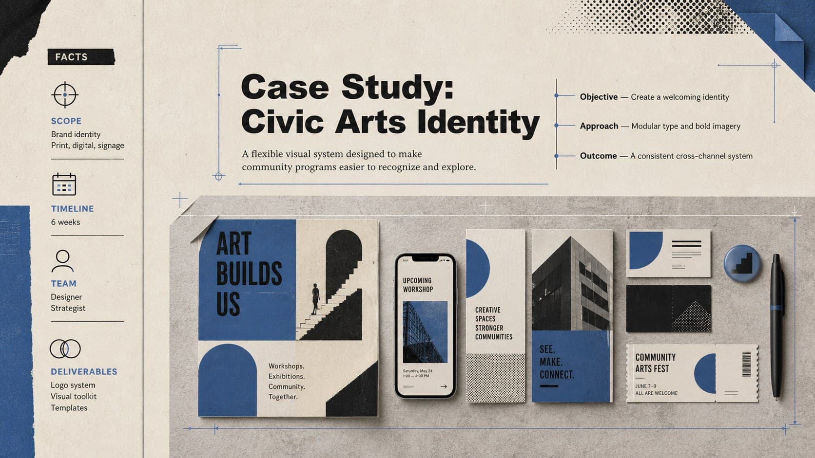 Portfolio case study slide showing objectives, design decisions, and outcomes in a blue beige layout.