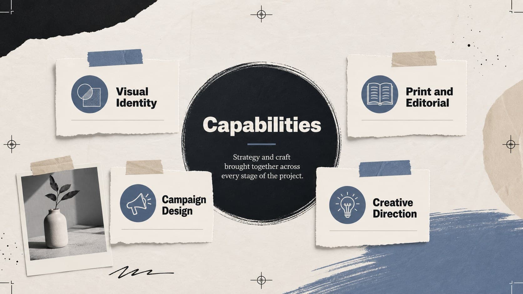 Professional skills overview for a freelance designer project showcase with collage-style graphics.