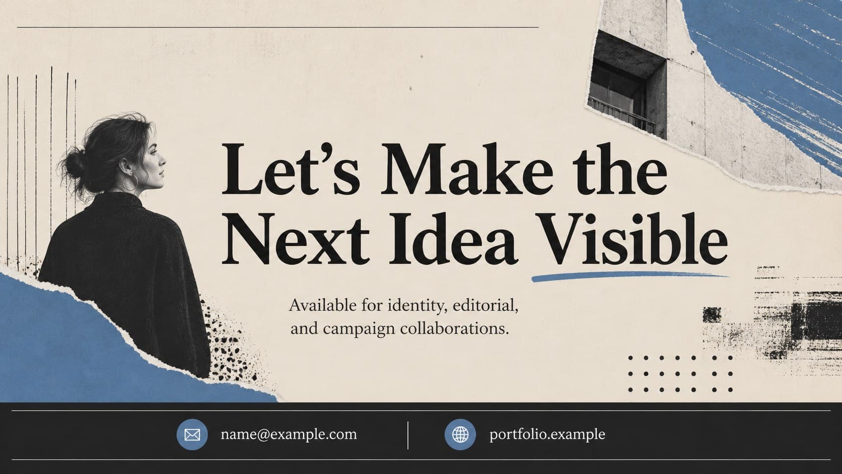 Closing contact page from a print design portfolio template with blue paper accents and bold typography.