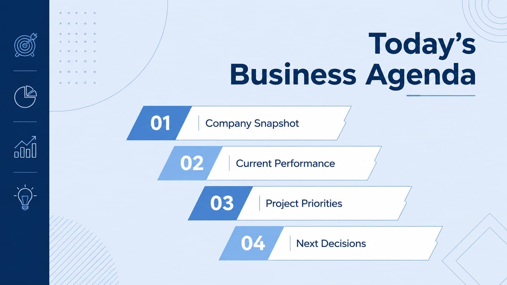 Blue corporate meeting agenda slide showing four clearly organized sections for a client briefing.