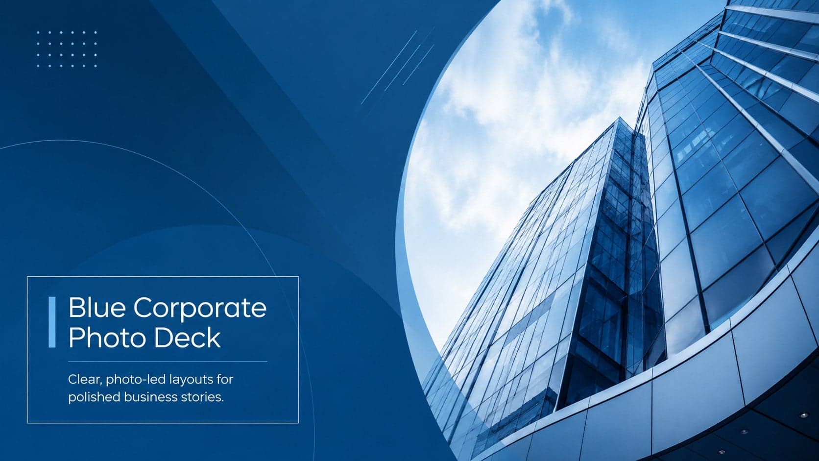 Cover of a blue corporate photo deck with architectural photography and a clean business headline.
