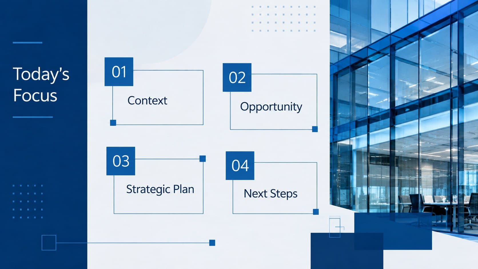 Business presentation agenda slide listing four sections in a structured blue layout.