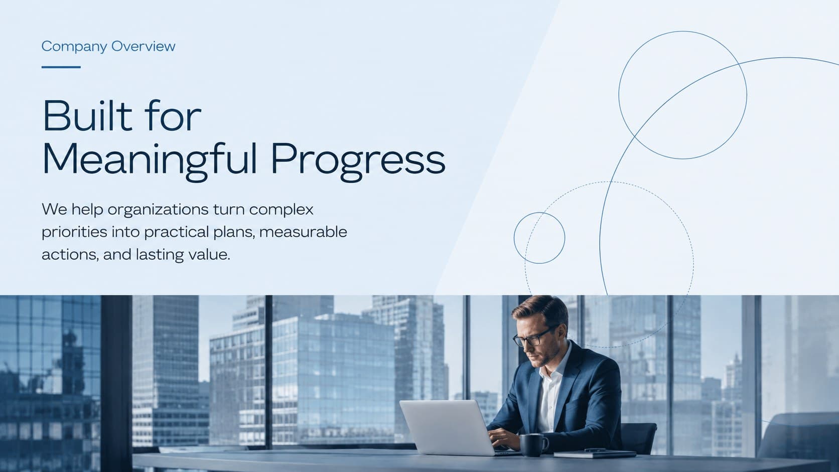 Blue company profile presentation slide with a workplace photo and concise organization overview.