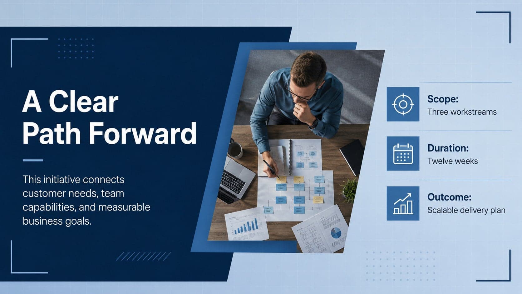 Corporate project overview slide combining a large blue statement with concise planning details.