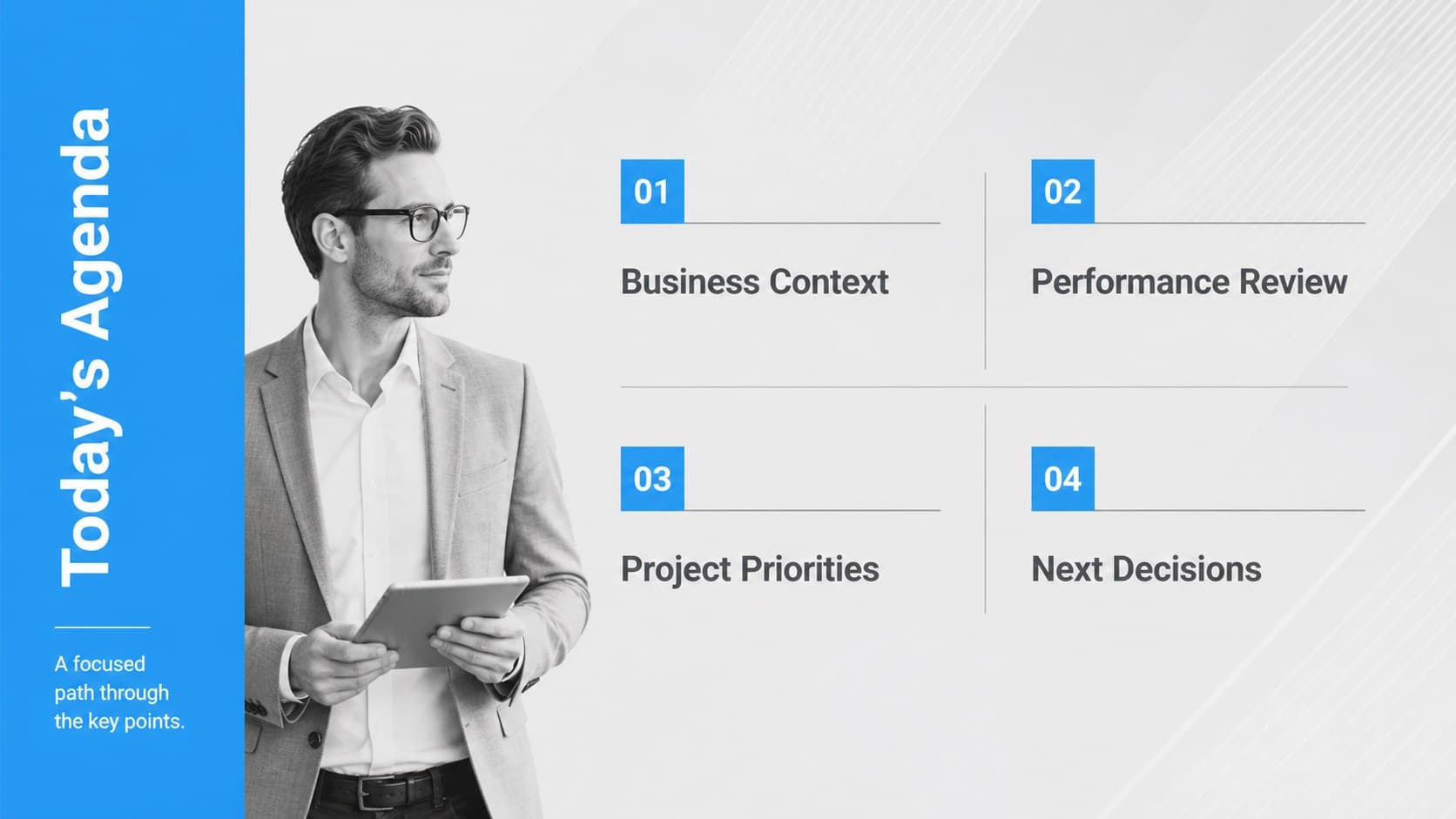 Business agenda layout from a modern corporate meeting presentation with four structured discussion topics.