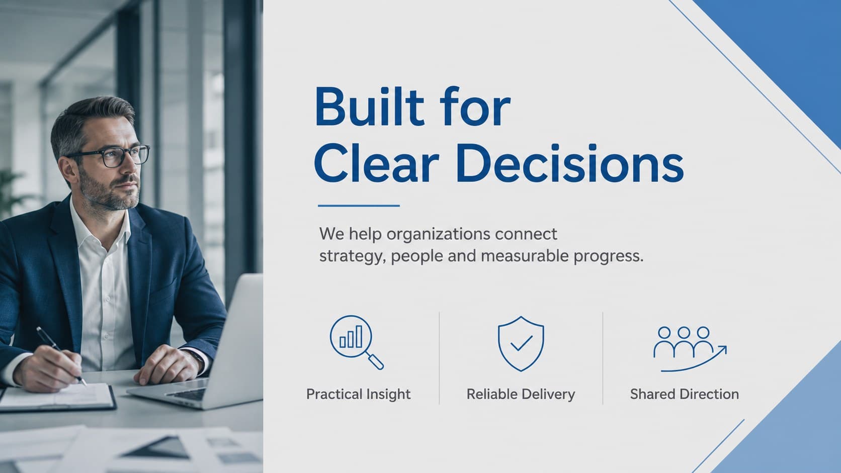 Blue and grey company profile slide presenting a concise mission and three organizational strengths.