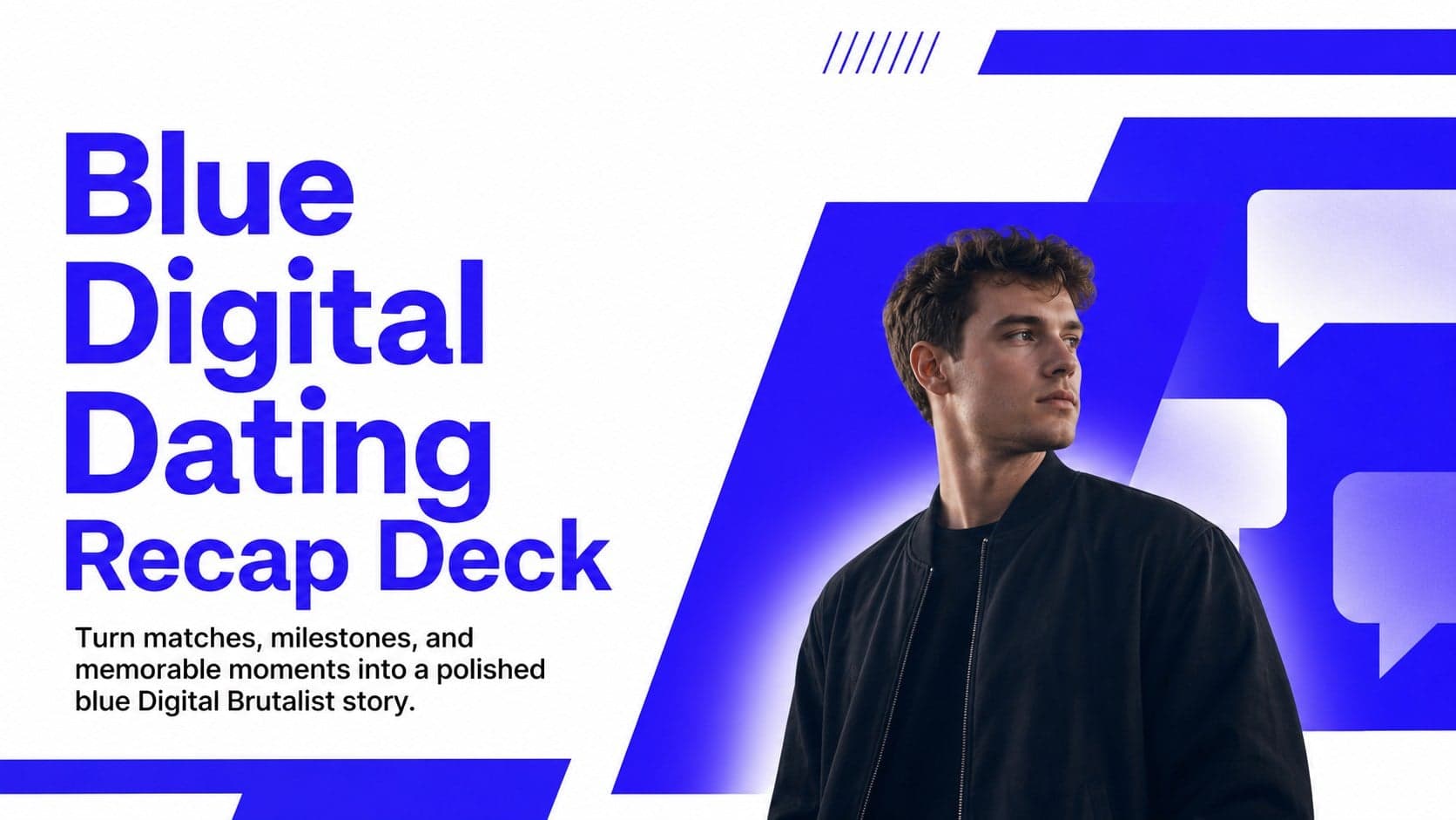 Blue cover slide for a digital dating recap deck with bold typography and abstract relationship-themed graphics.