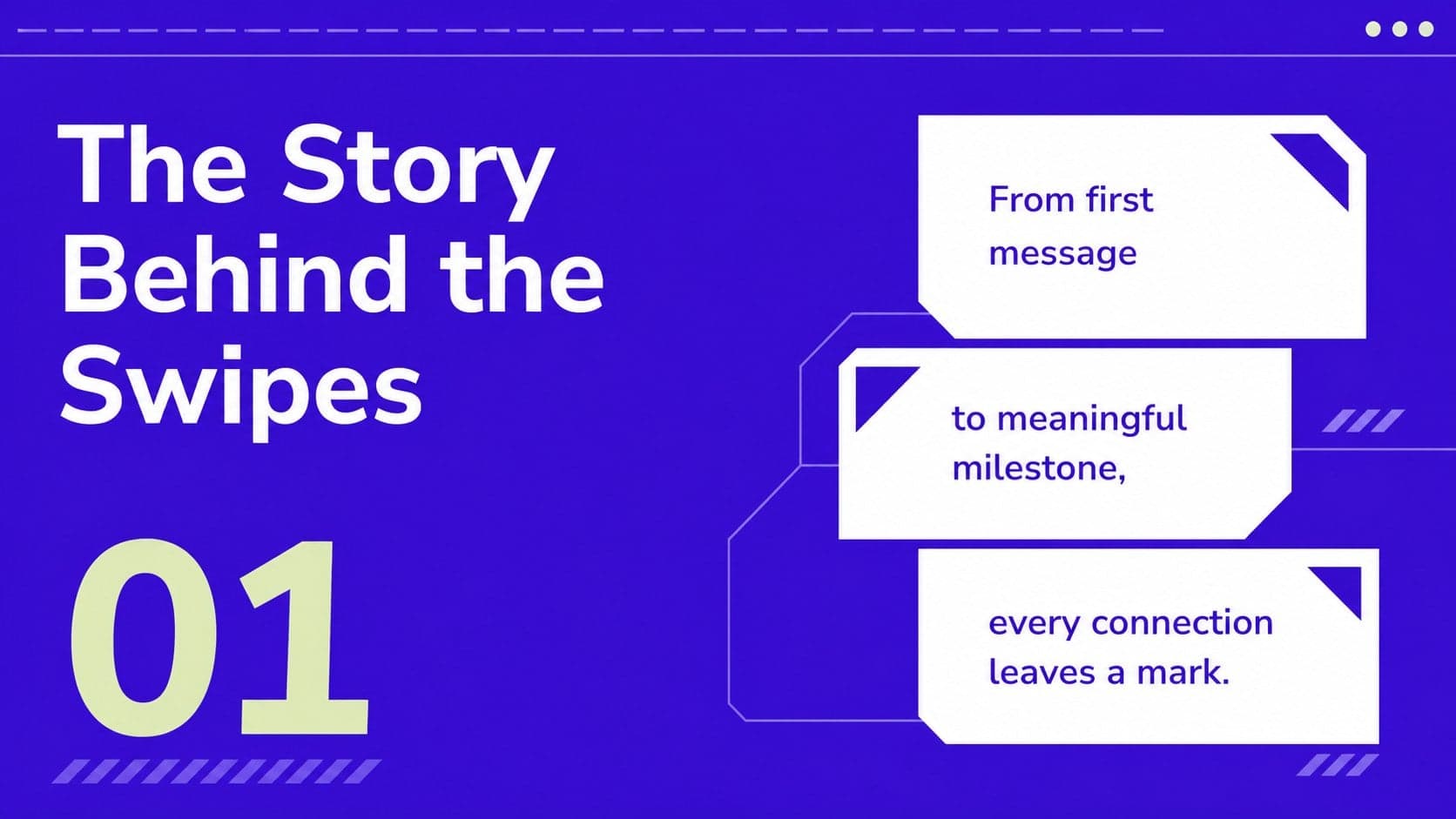 Digital dating recap slide introducing a personal journey with bold blue panels and editorial typography.