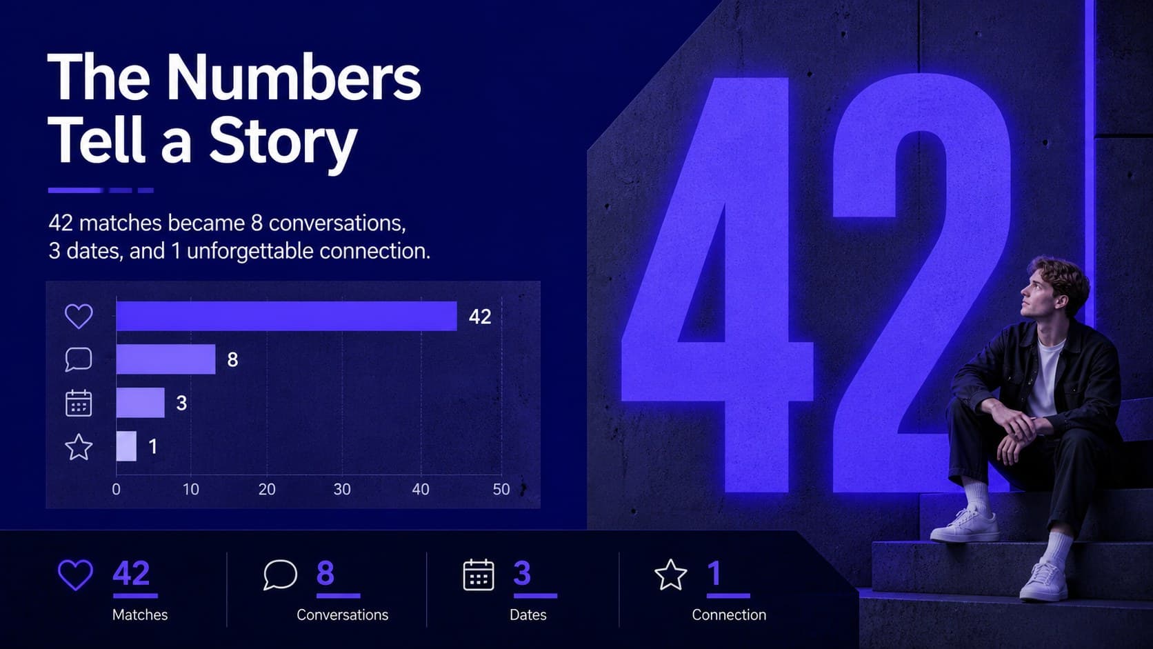 Personal dating statistics presentation slide with blue bar charts and oversized numerical highlights.