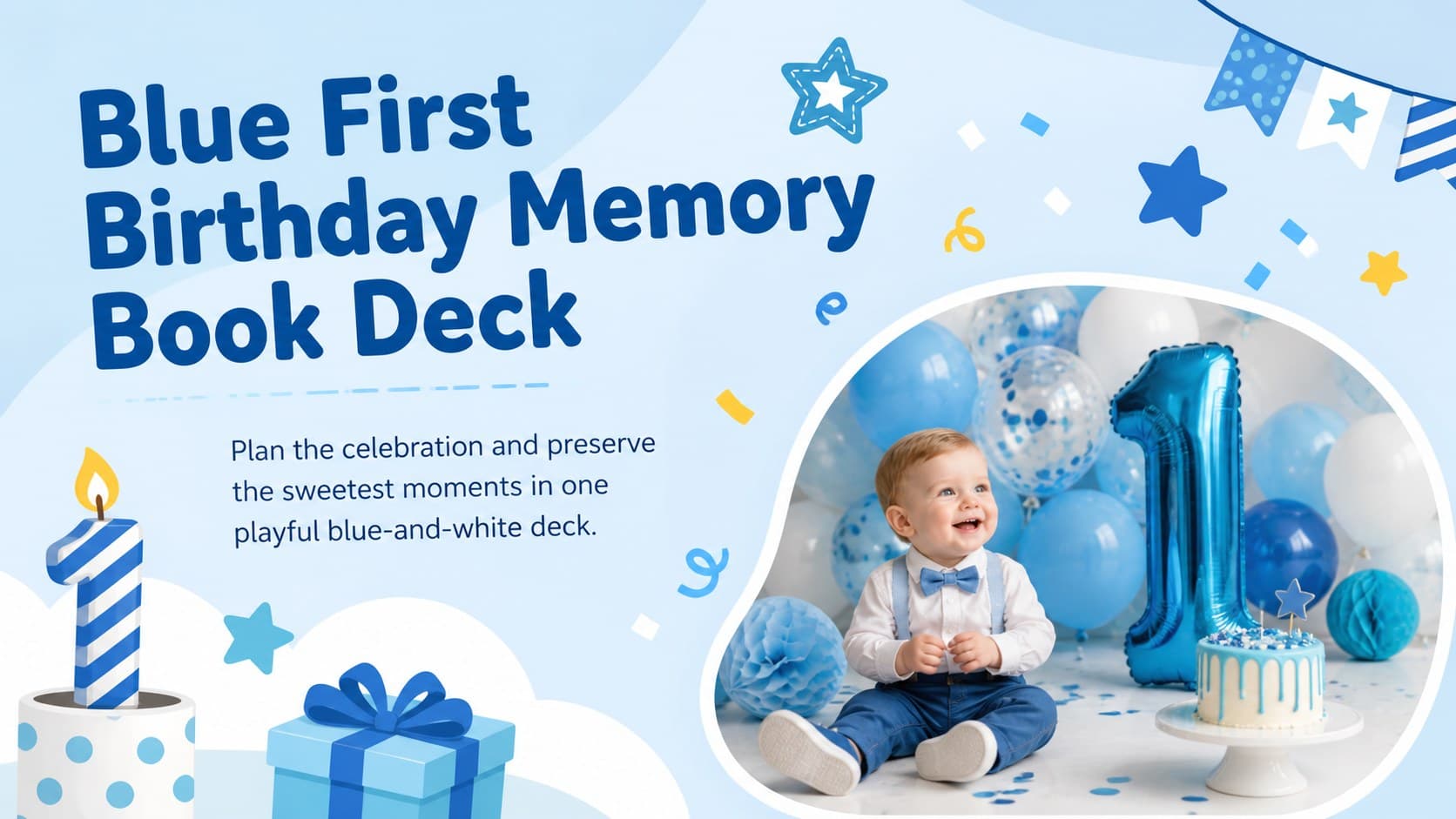 Cover of a blue first birthday memory book deck with playful party illustrations and a framed baby photo.