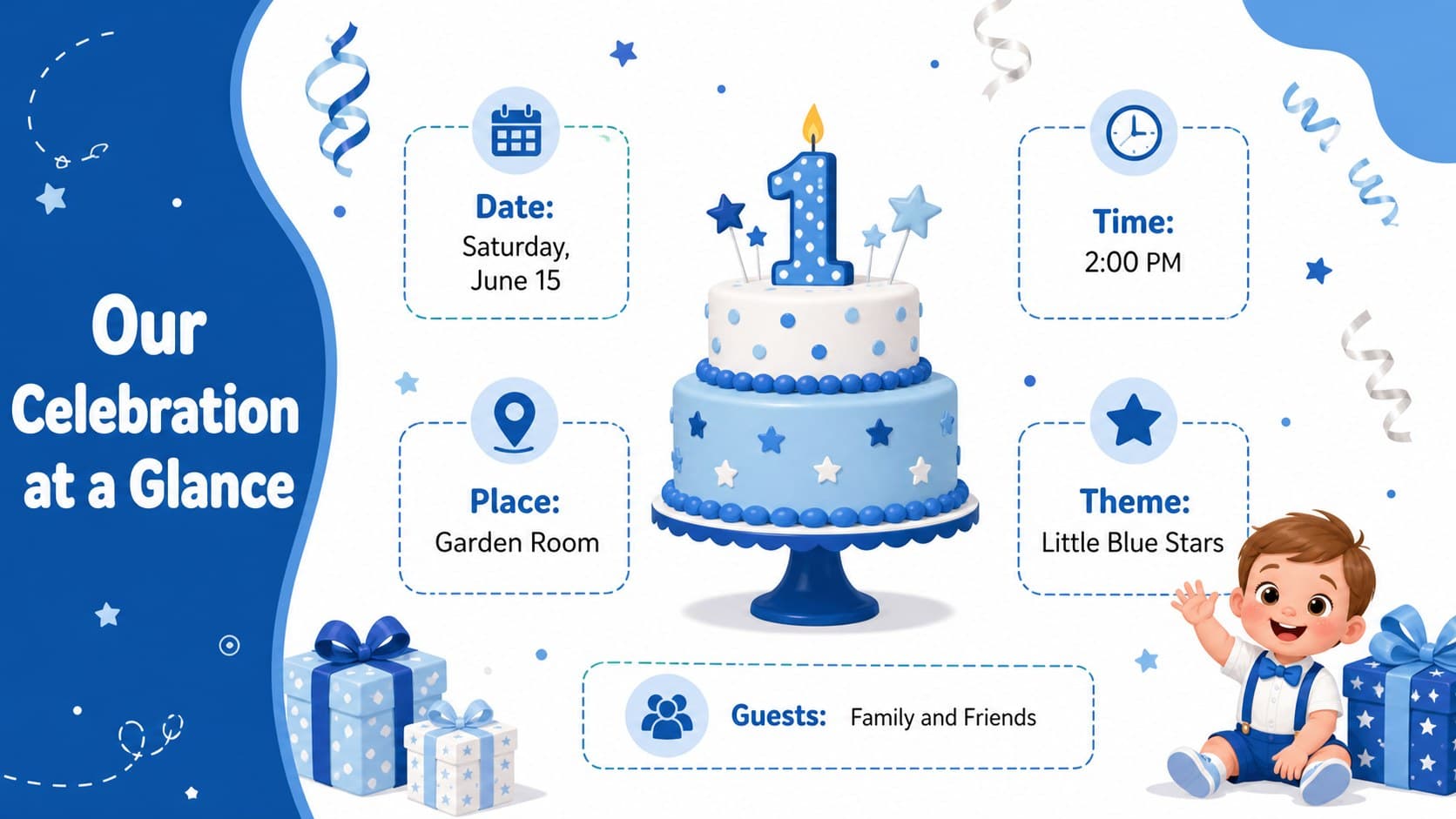 Blue first birthday party overview slide with date, venue, theme, and guest information.