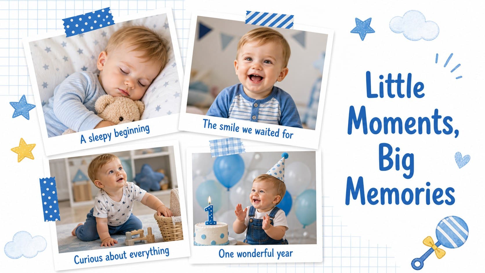 First year memory book slide featuring four baby photos and short family captions.