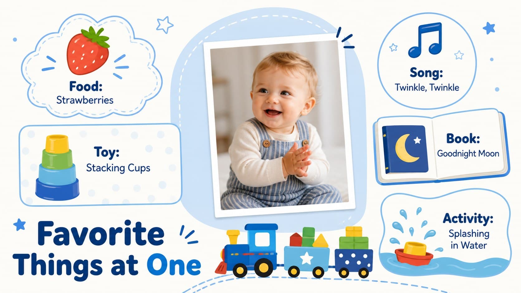 First birthday favorite-things page with spaces for food, toy, song, book, and activity.