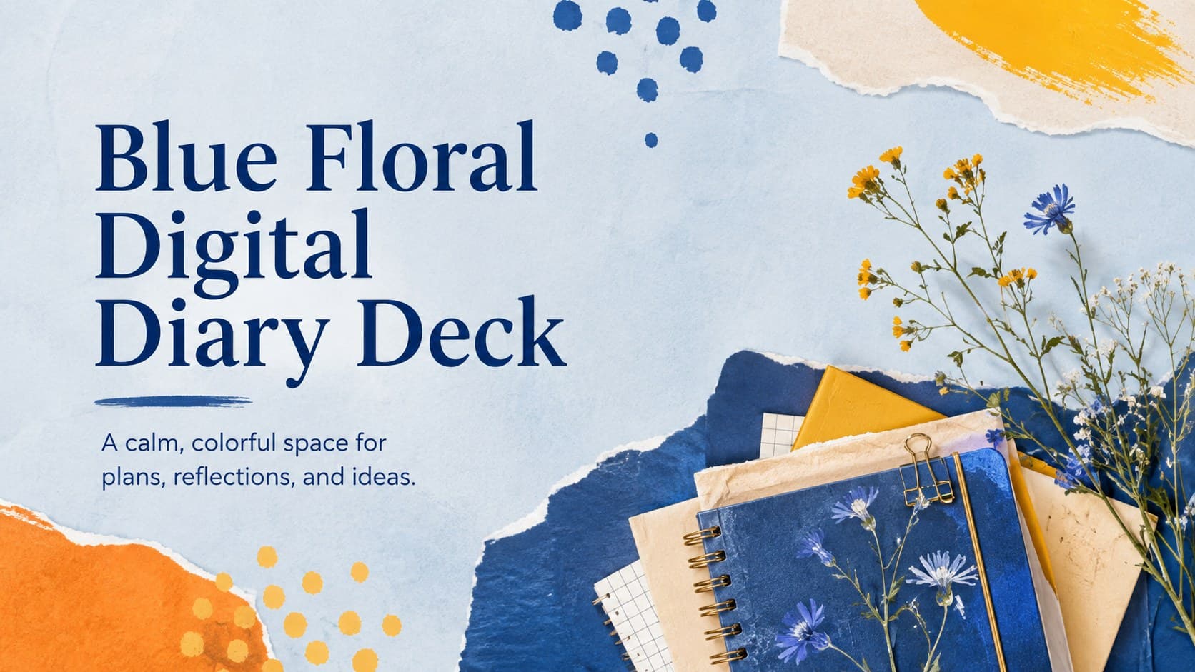 Cover of the Blue Floral Digital Diary Deck with layered stationery details and bright botanical accents.