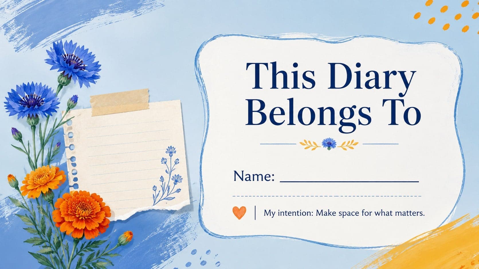 Personal ownership page from an editable digital diary template with space for a name and guiding intention.