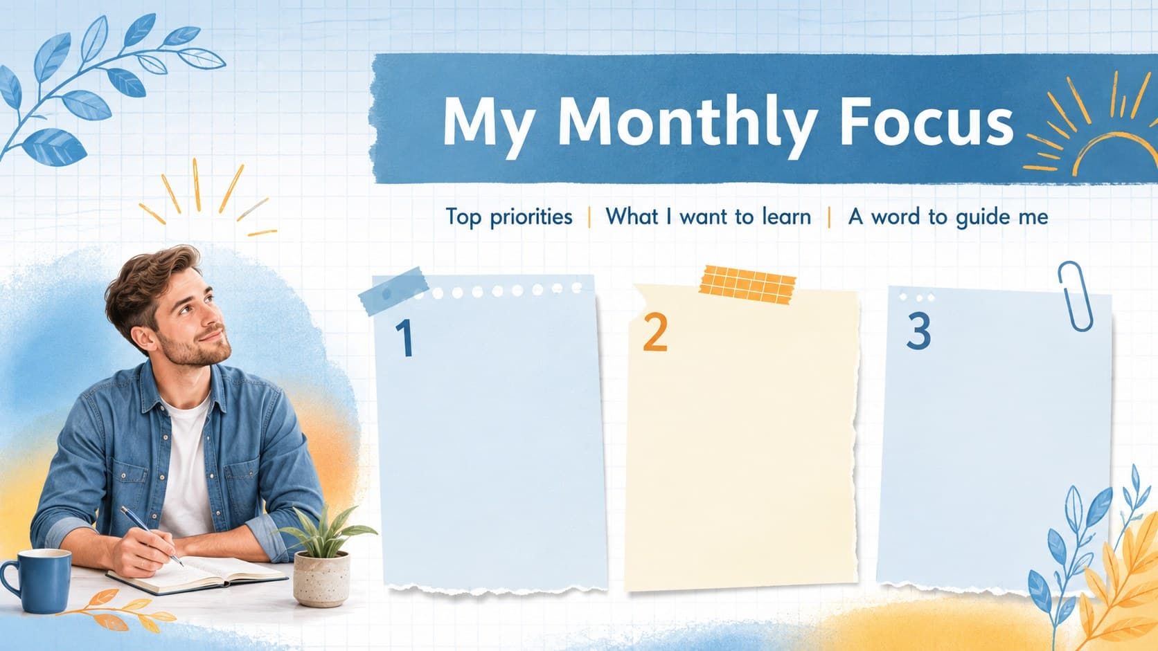 Blue floral journal presentation page for setting monthly priorities, intentions, and a personal theme.