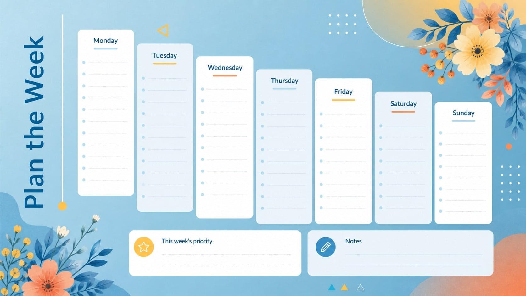 Weekly intention planning slide with seven day sections, priorities, and a notes area.