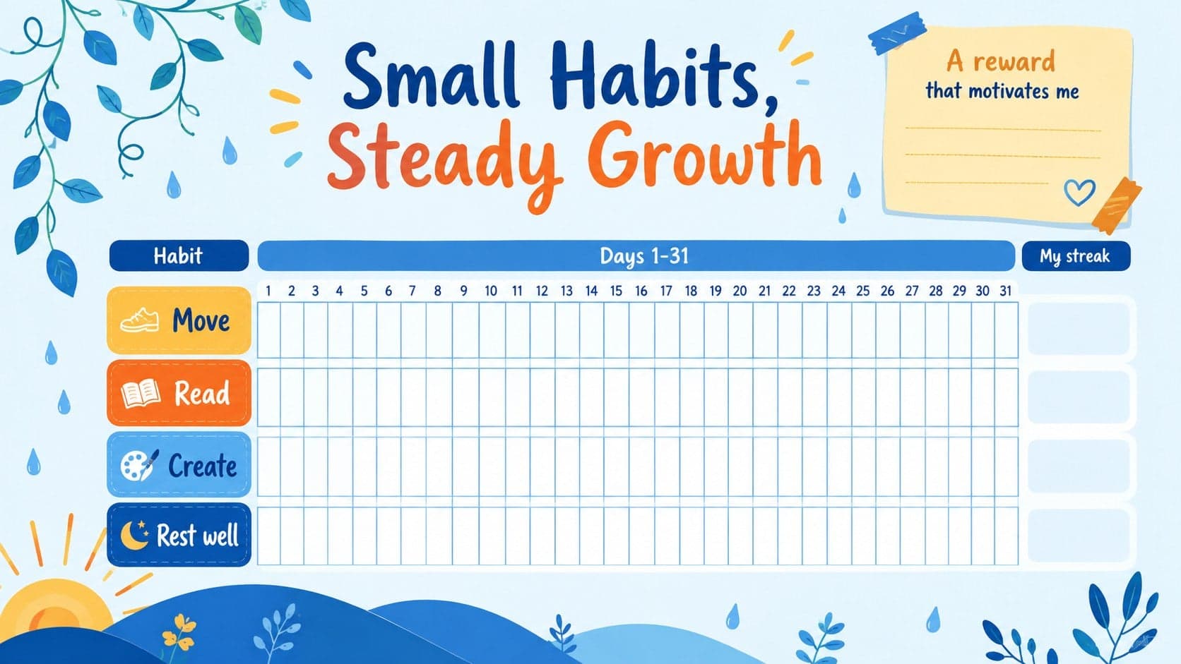 Botanical habit tracker slide with a monthly check grid and space for a motivating reward.