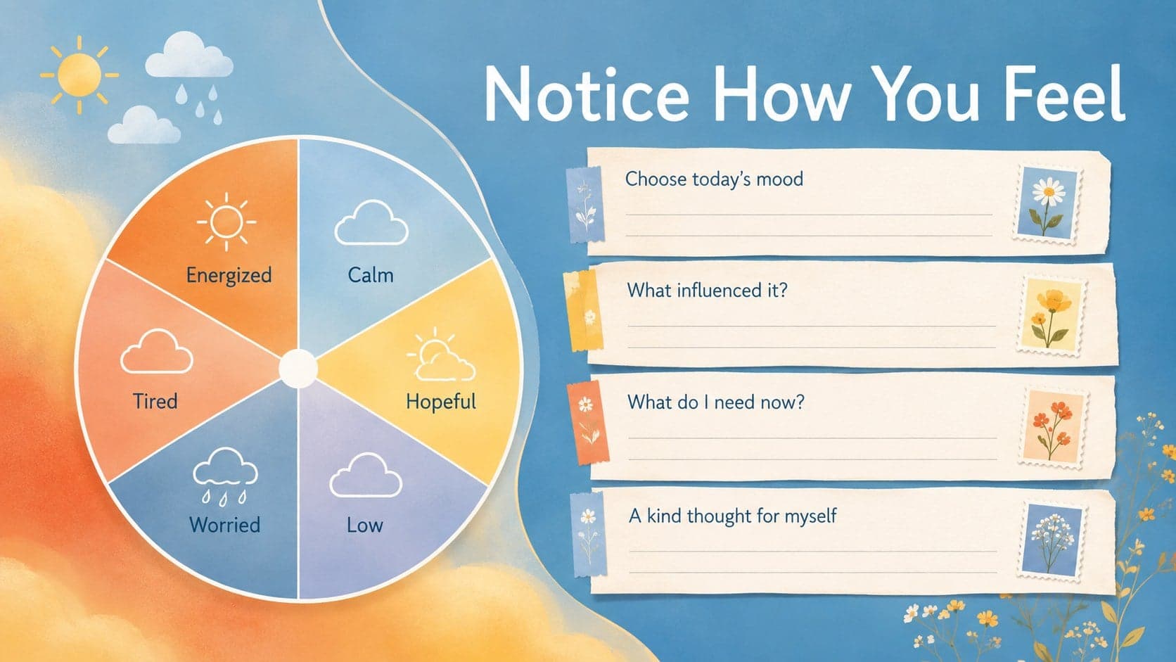 Minimalist mood tracker slide with colorful emotion markers and prompts for daily reflection.