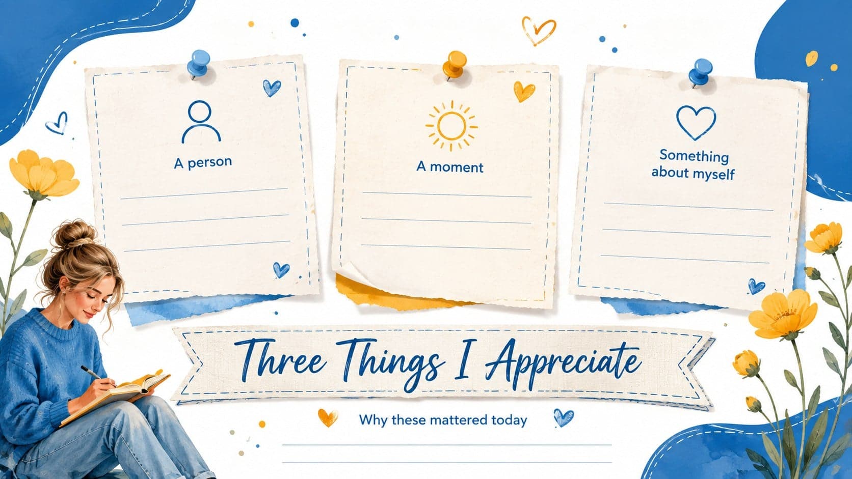 Personal reflection slide with floral paper notes for gratitude, joy, and meaningful moments.