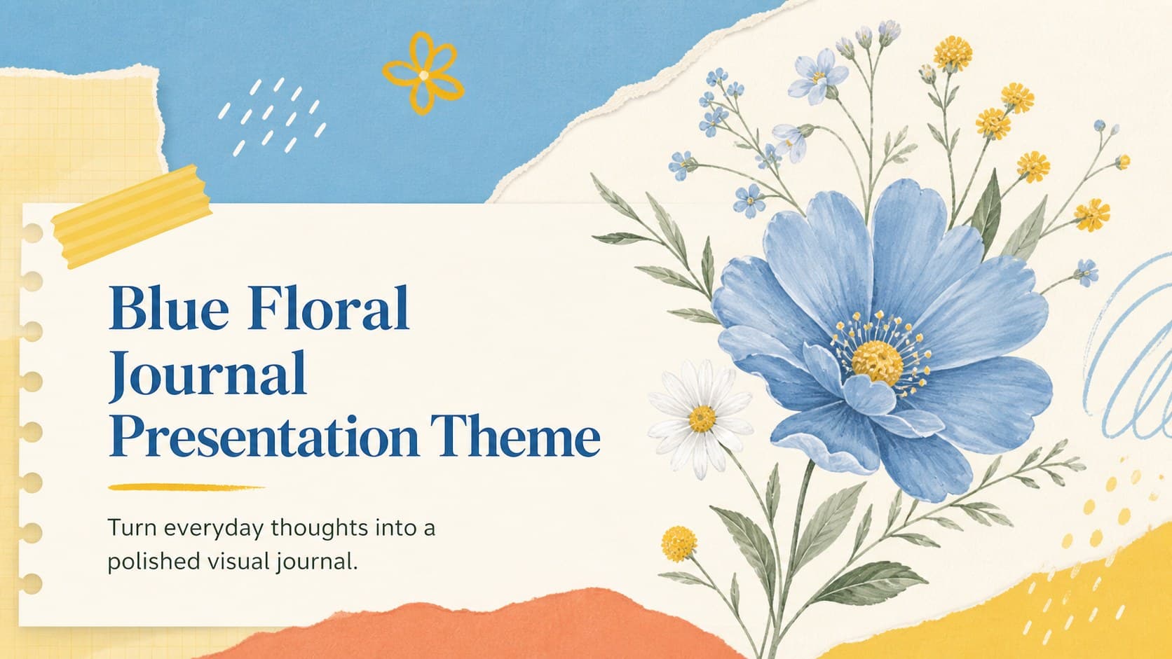 Blue floral journal presentation cover with a scrapbook-inspired title area and colorful paper accents.