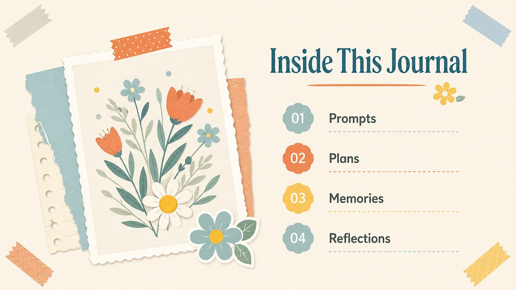 Journal presentation contents slide organizing reflection, planning, memories, and creative pages.