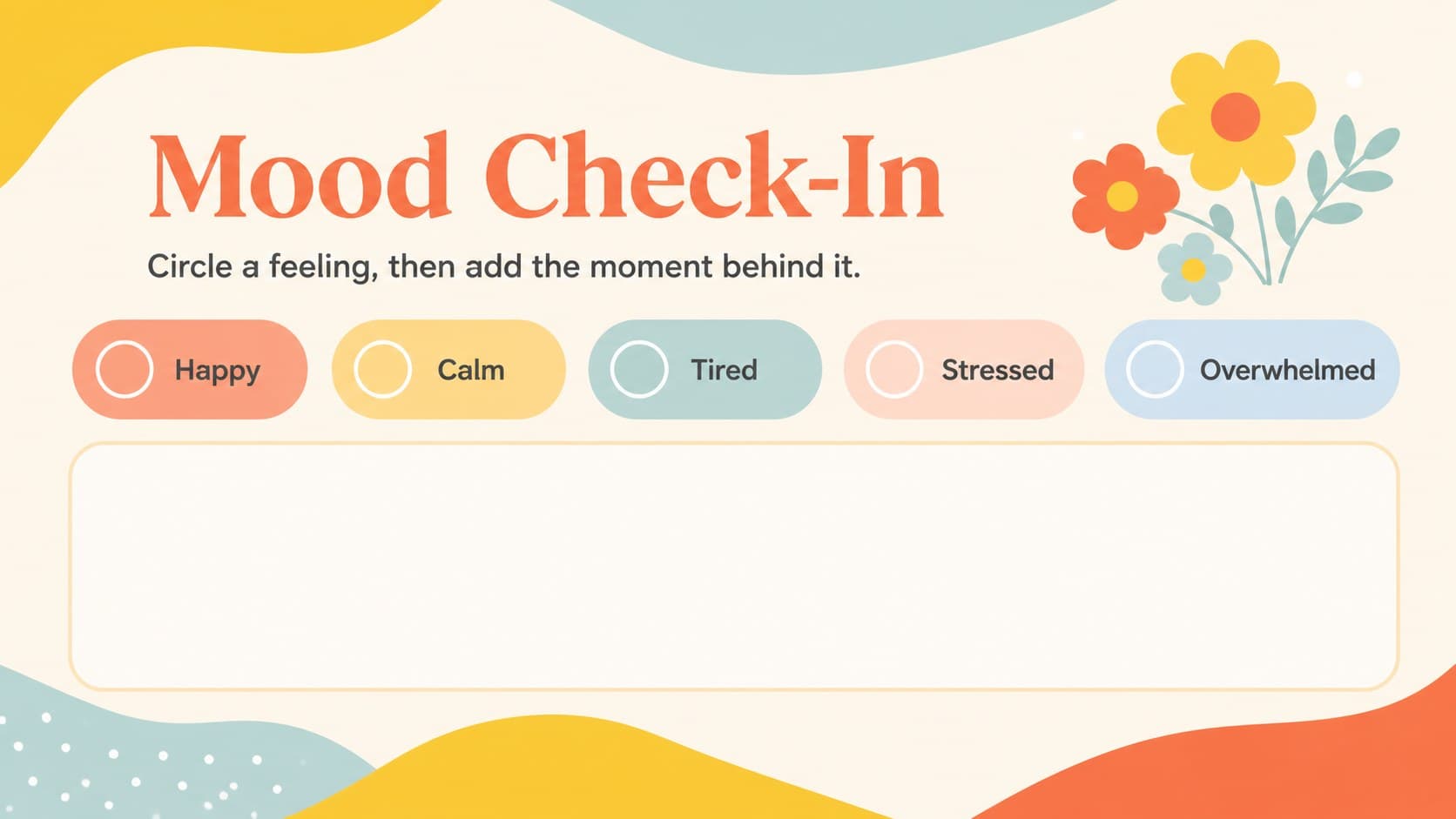 Visual diary presentation slide featuring a mood check-in with illustrated floral decorations.