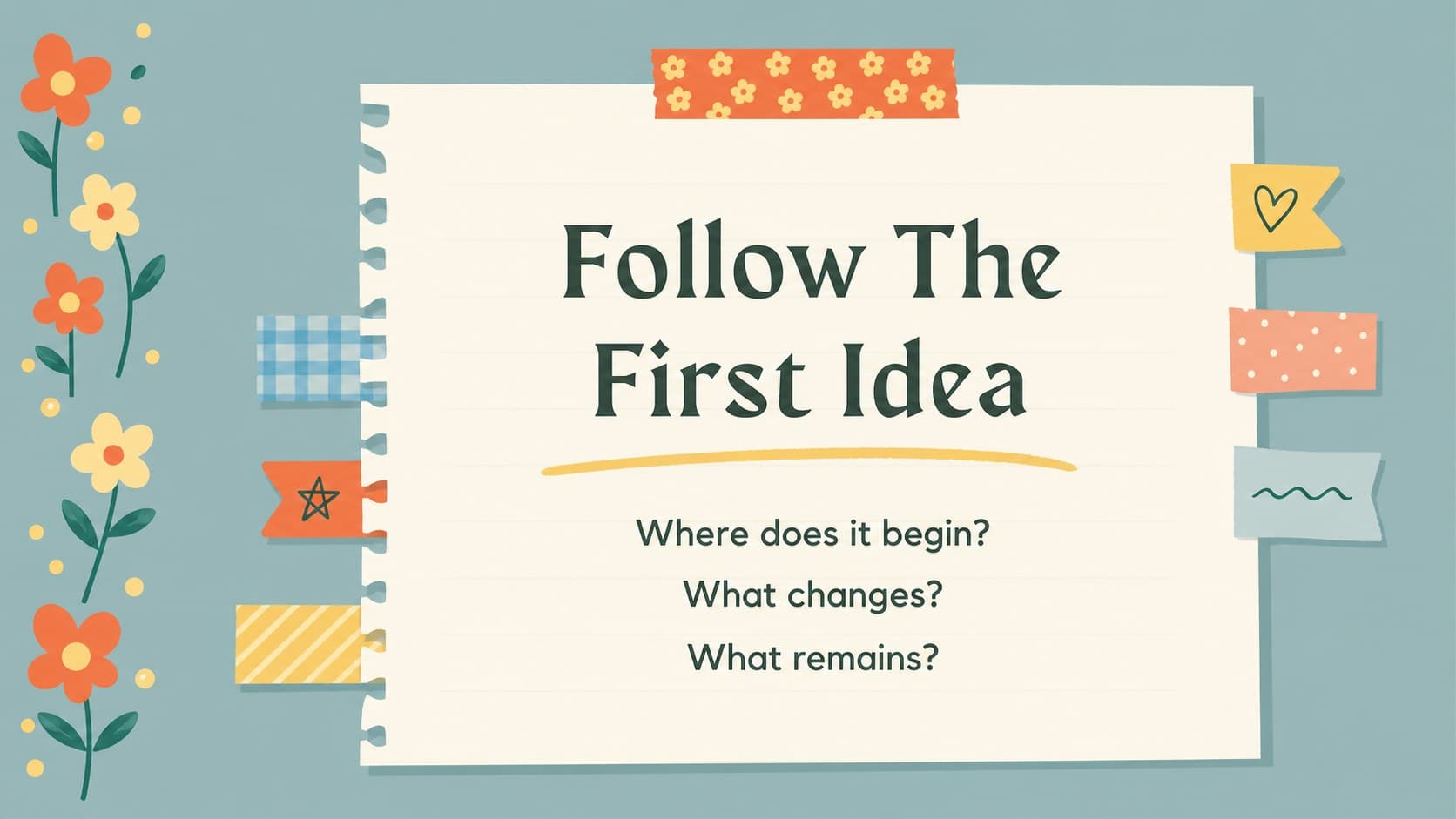 Creative writing presentation slide with a floral prompt and open space for developing an idea.