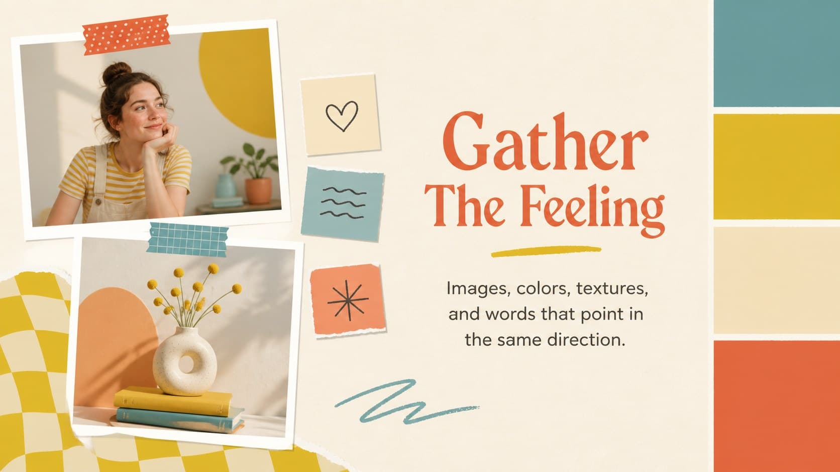 Floral scrapbook slides mood board with image frames, color swatches, and inspiration notes.