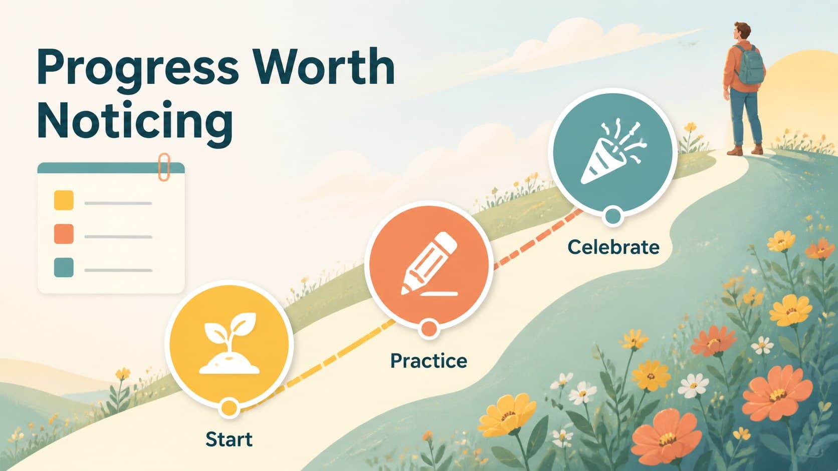 Personal growth journal slides page tracking a goal through simple milestone markers.