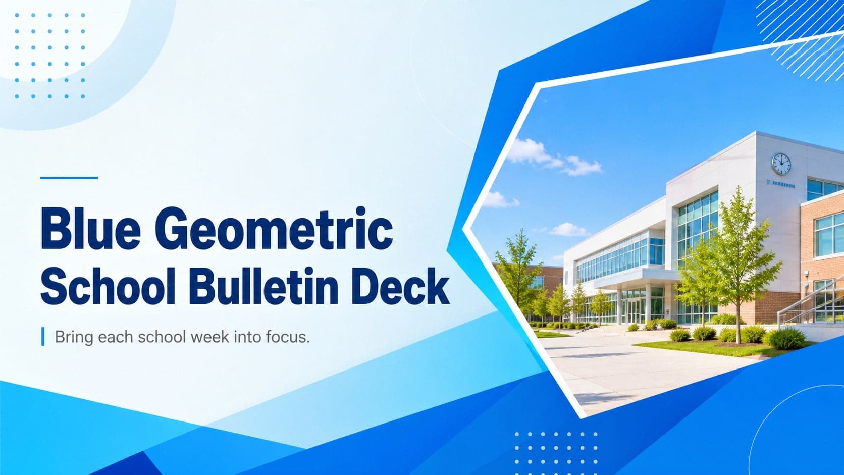 Cover of a blue geometric school bulletin deck with a bold title and layered gradient shapes.