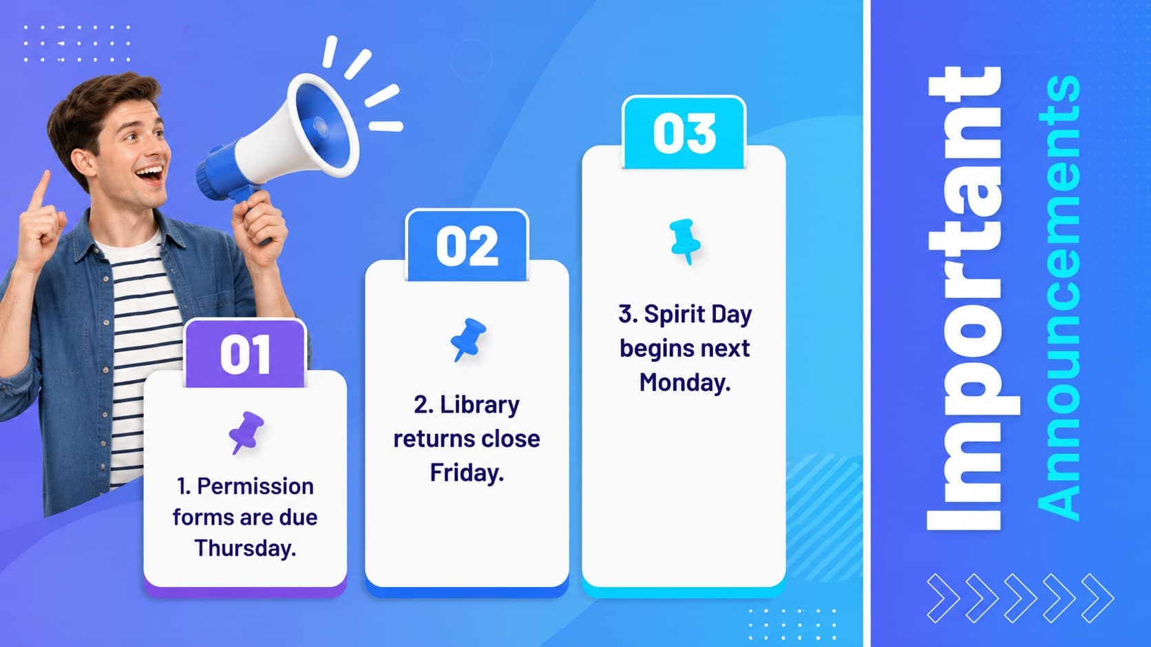 Middle school announcements presentation slide with prioritized updates in a blue geometric layout.