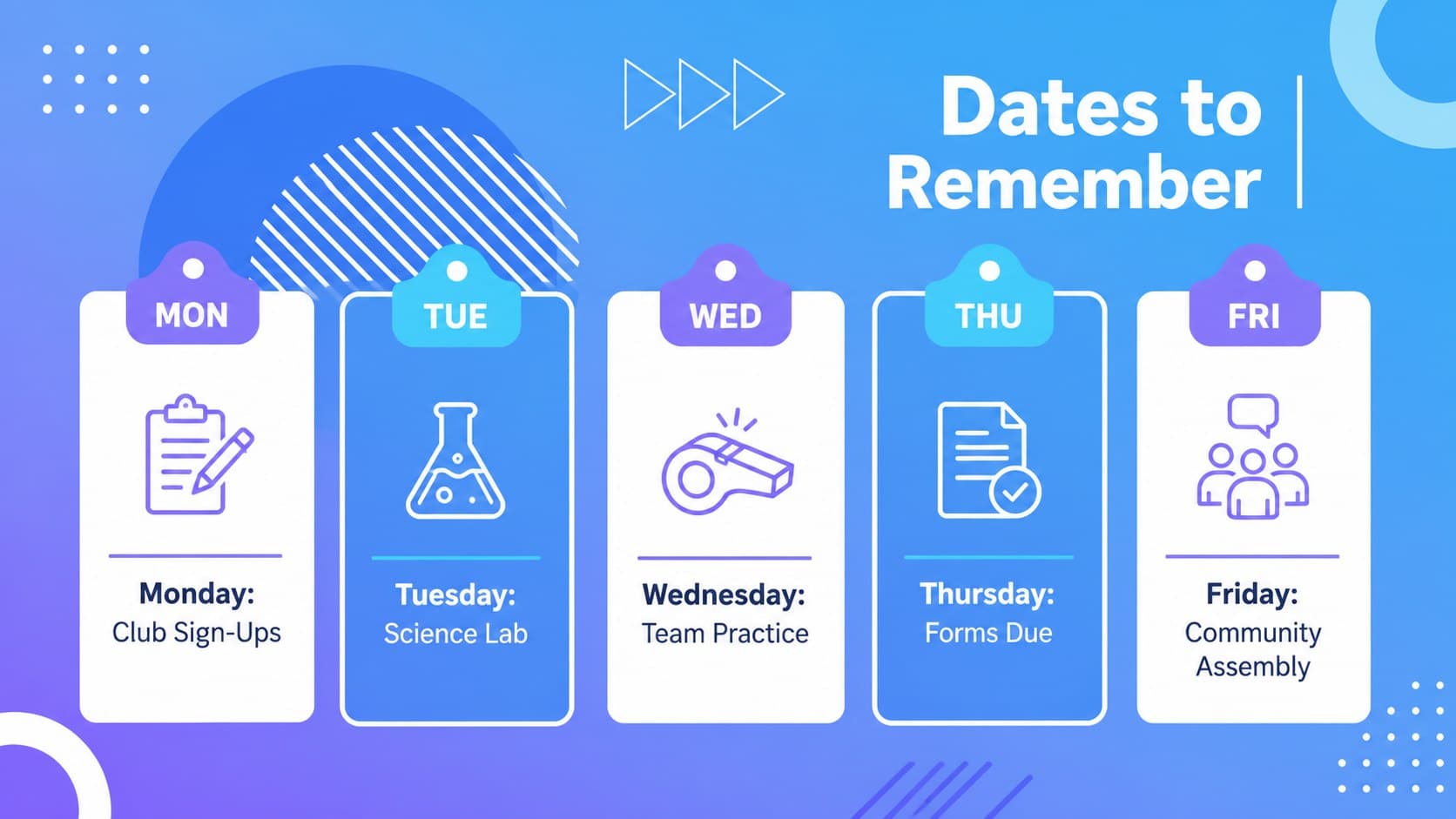 Weekly school calendar slide showing Monday through Friday in a blue gradient design.