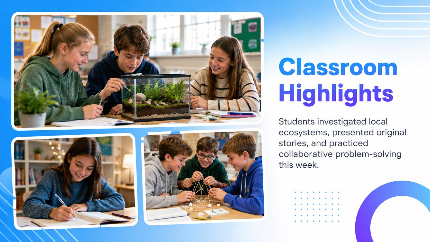 Classroom highlights slide featuring three photo placeholders and short learning updates.