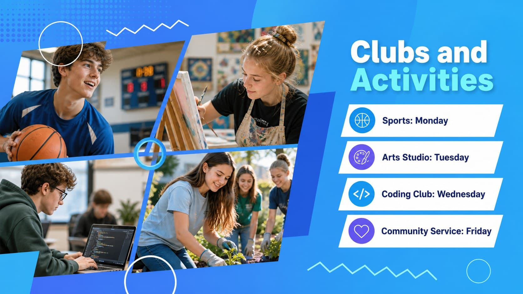 Clubs and activities slide listing sports, arts, coding, and service opportunities.