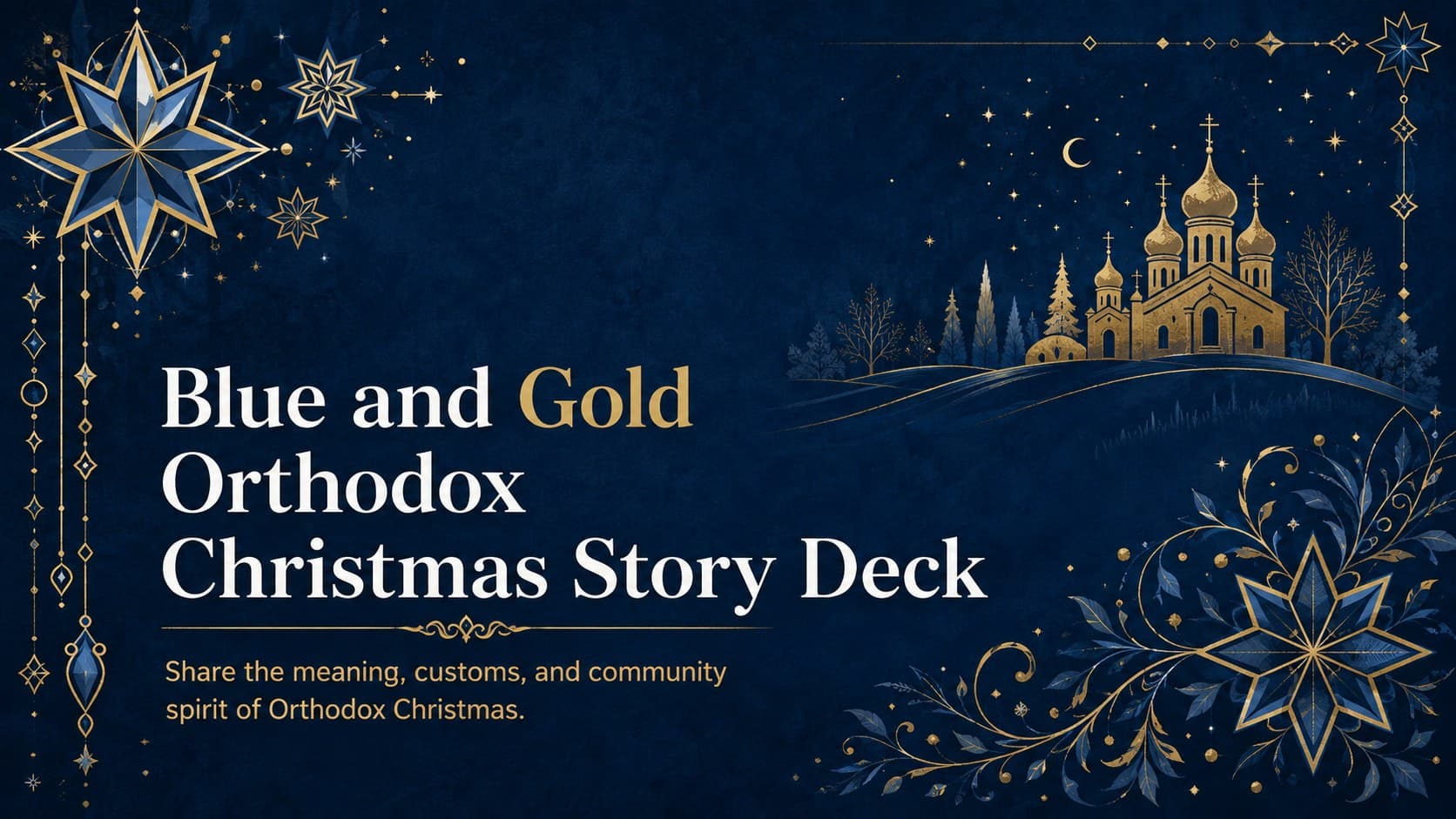 Blue and Gold Orthodox Christmas Story Deck cover with elegant geometric stars and a winter Nativity-inspired atmosphere.