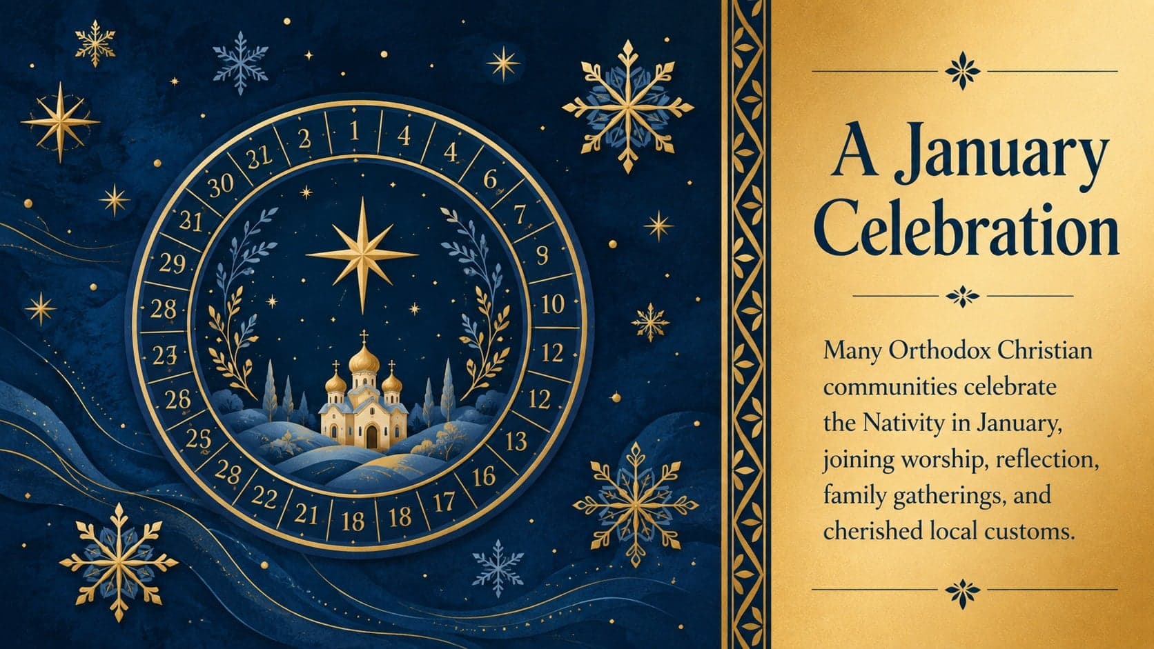 Orthodox Christmas overview slide explaining the January celebration in a blue and gold holiday presentation.