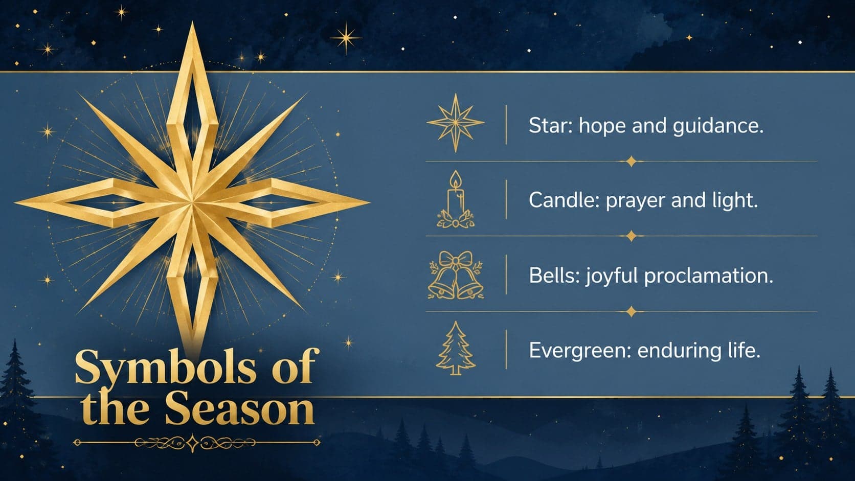 Orthodox Nativity symbols slide showing a star, candle, bells, and evergreen details in blue and gold.