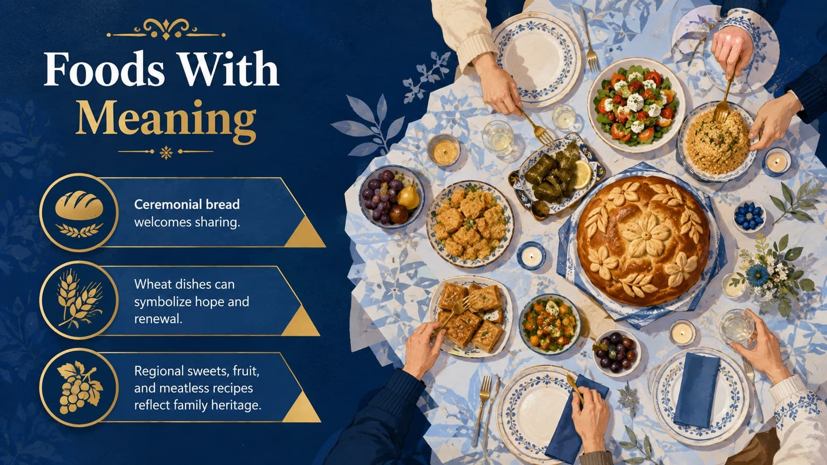 Orthodox Christmas festive foods slide with illustrated bread, wheat, fruit, and a shared table.