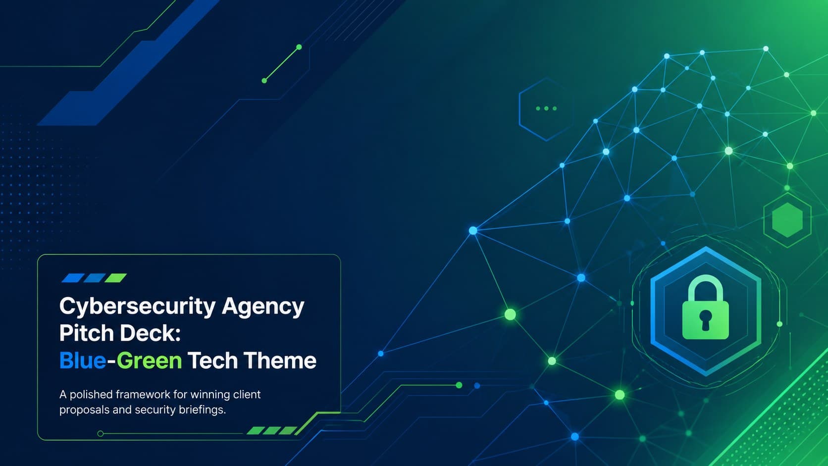 Cover of a cybersecurity agency pitch deck with a modern blue-green technology theme.