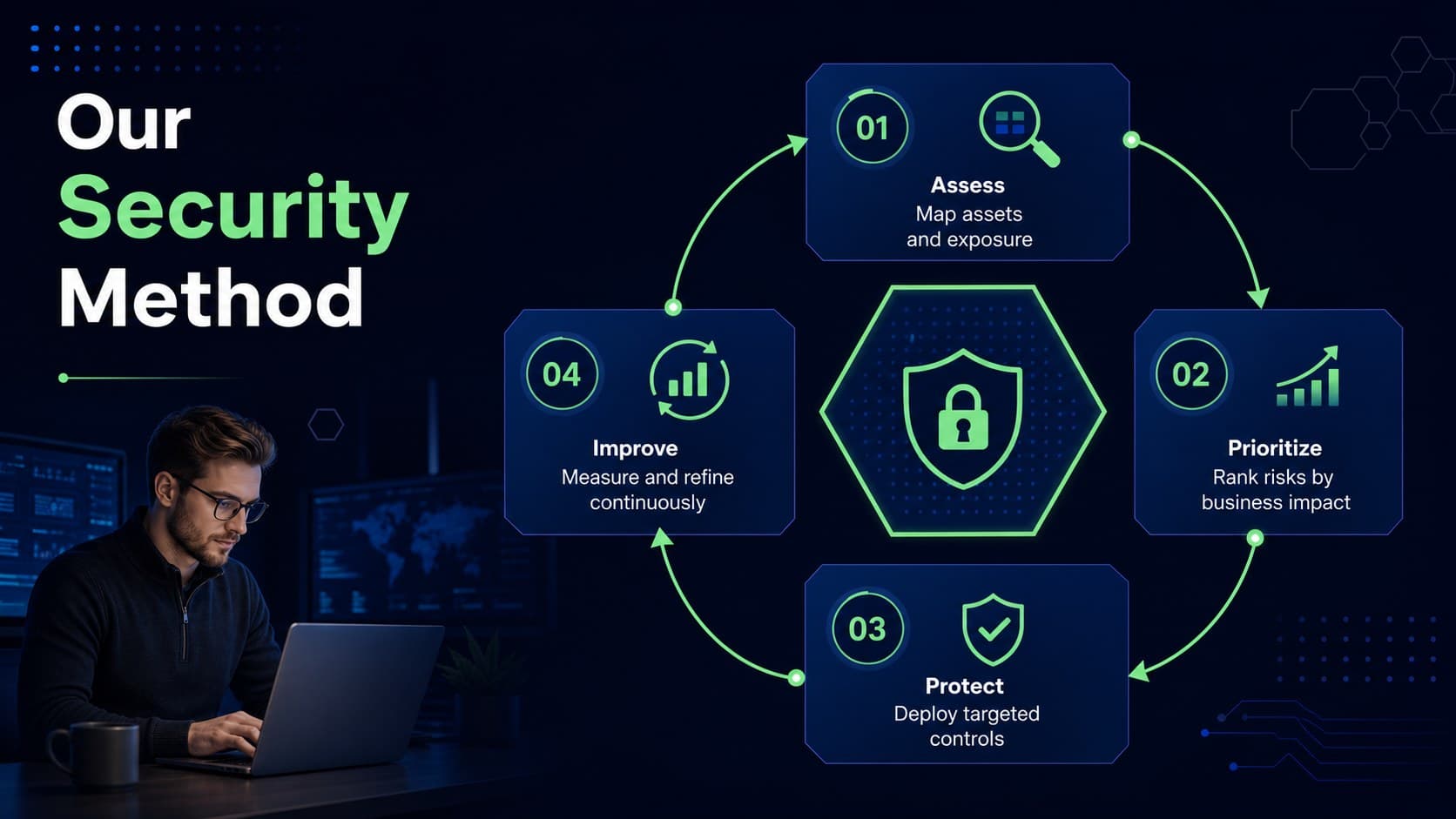 Four-stage cybersecurity methodology slide showing assess, prioritize, protect, and improve phases.