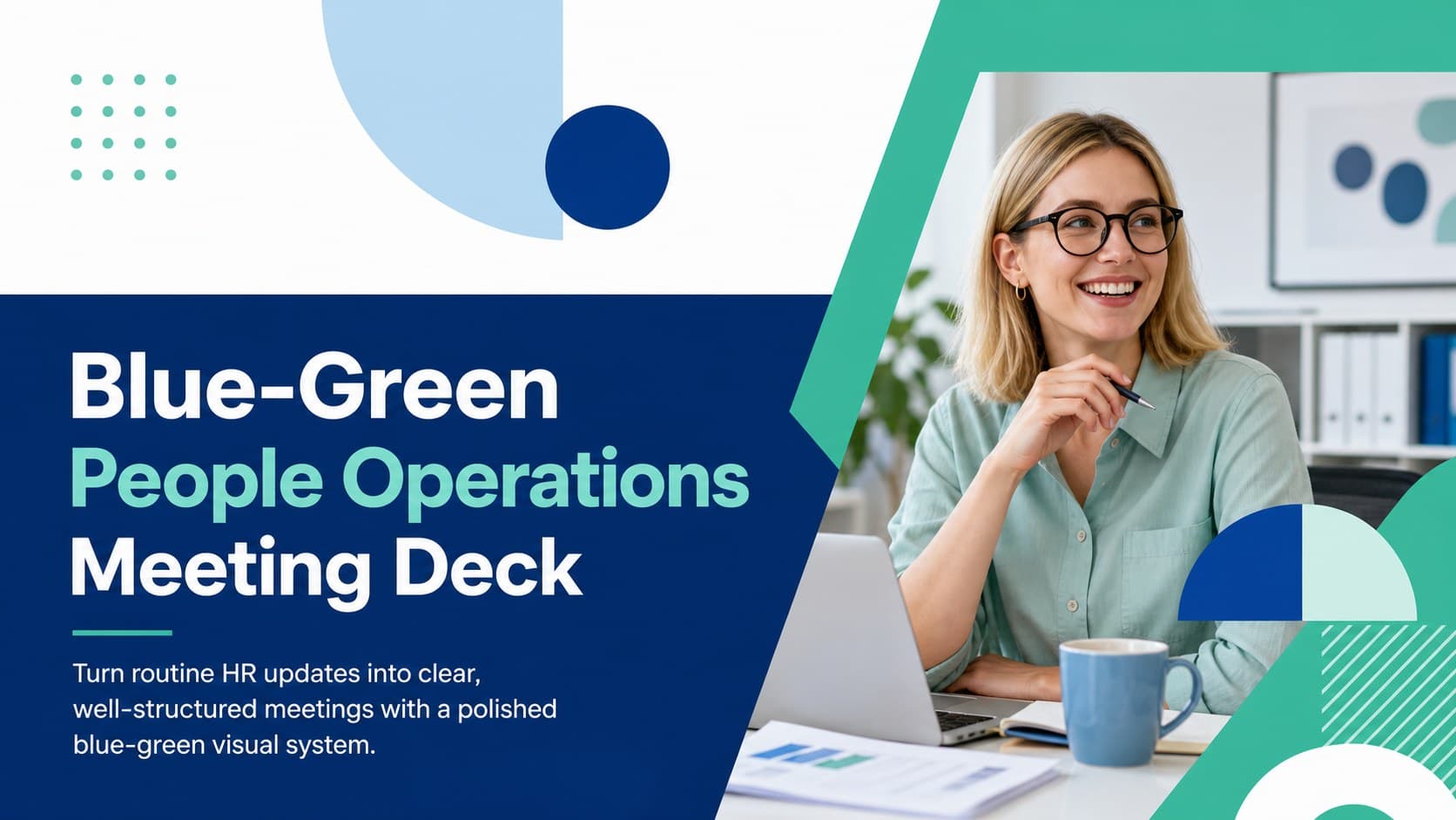 Cover slide for a blue green HR meeting deck with a clean geometric business layout.