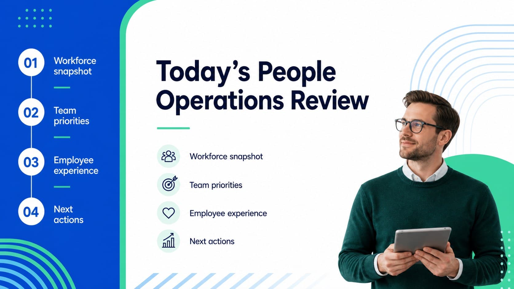 Agenda slide outlining people operations meeting sections in a modern blue-green presentation design.