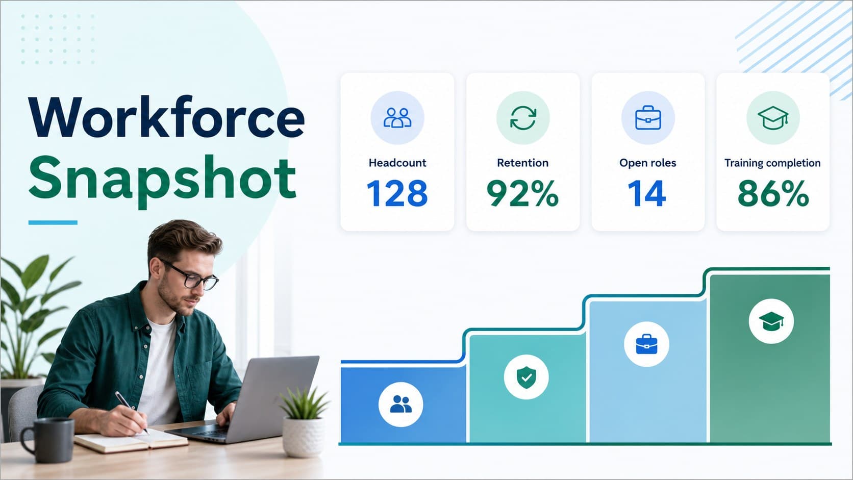Workforce metrics slide displaying employee data cards and a blue-green reporting layout.